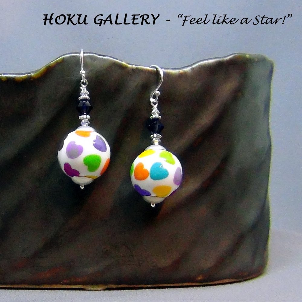 NWOT Polymer Clay Earrings!!! “Hearted”, Crystal Beads w/ SS Ear wires - 2" Long